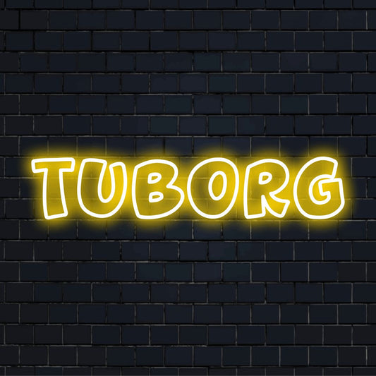 Tuborg LED Neon Sign, glowing neon text against black brick wall