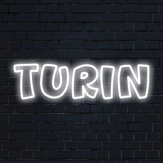 Turin LED Neon Sign, glowing lettering against brick backdrop