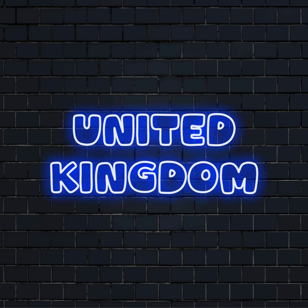 United Kingdom Neon Light with bright neon lettering on dark brick wall