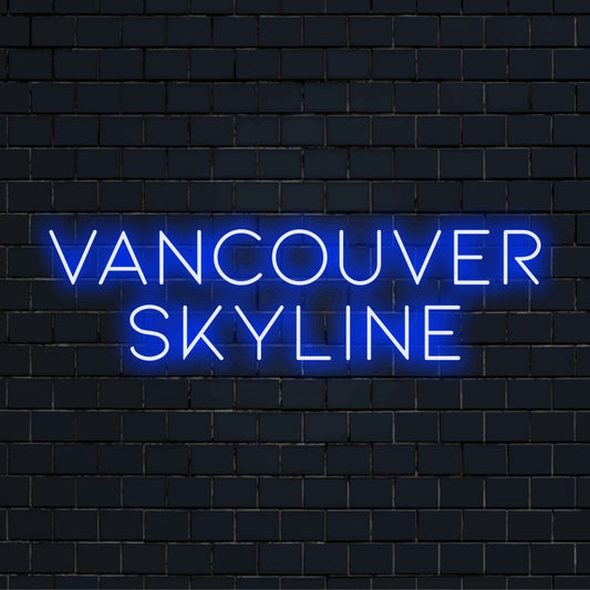 Vancouver Skyline Neon Sign, glowing neon text on dark brick wall