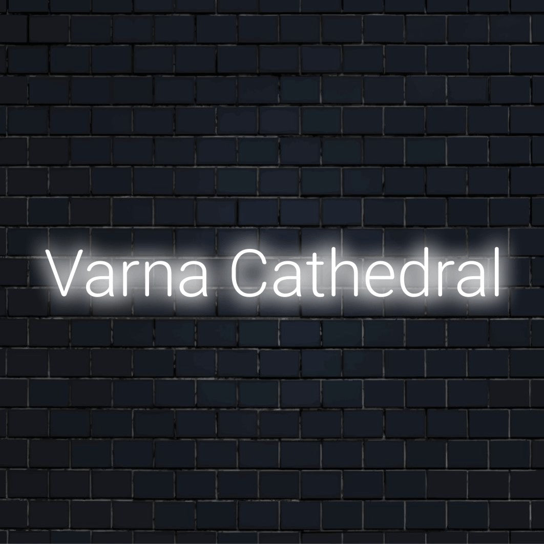 Varna Cathedral LED Neon Sign, bright neon glow on black brick background