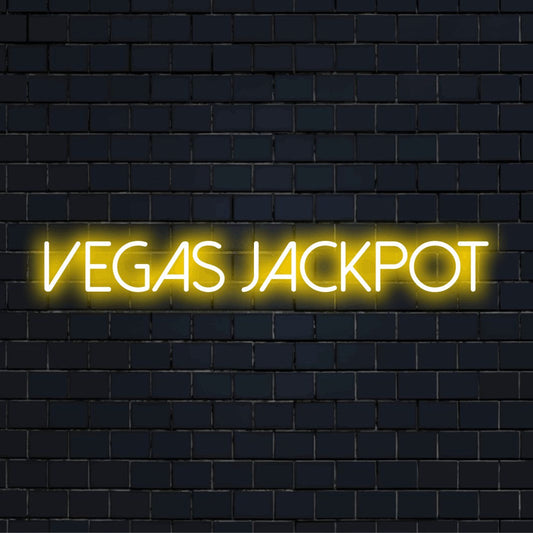 Vegas Jackpot Neon Light with bright LED glow on dark brick wall
