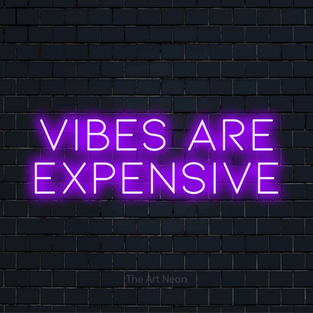 "Vibes Are Expensive" glowing LED neon sign on a black brick wall