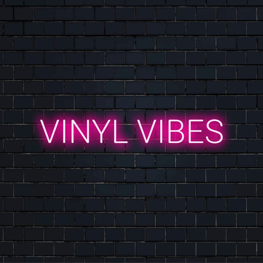 Vinyl Vibes LED Neon Sign, bright LED glow on dark brick background