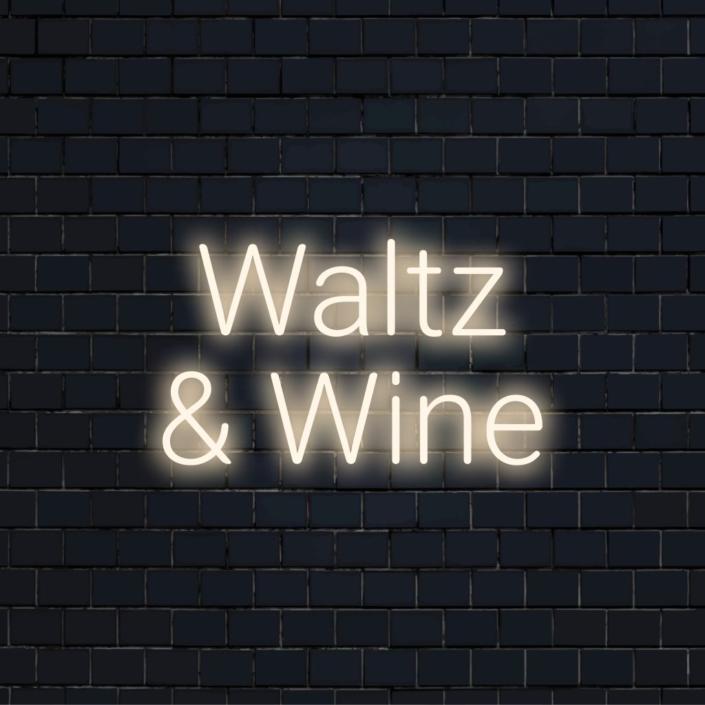 Waltz Wine Neon Sign, bright neon lettering on dark brick wall