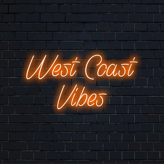 West Coast Vibes Neon Sign, bright neon lettering against black brick wall