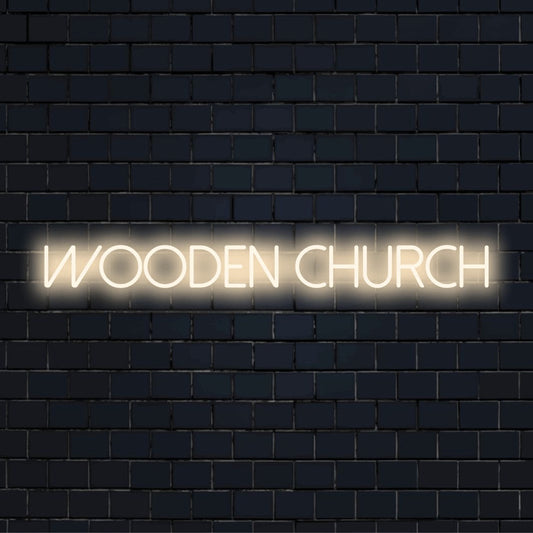 Wooden Church Neon Sign, soft neon glow on dark brick background