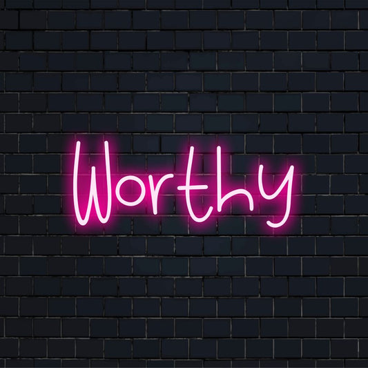 Worthy Neon Light with soft neon glow against brick backdrop