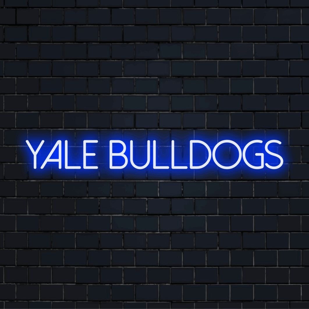 Yale Bulldogs Neon Sign, neon text light on dark brick background