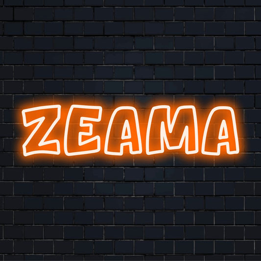 Zeama Neon Sign, bright neon lettering on black brick background