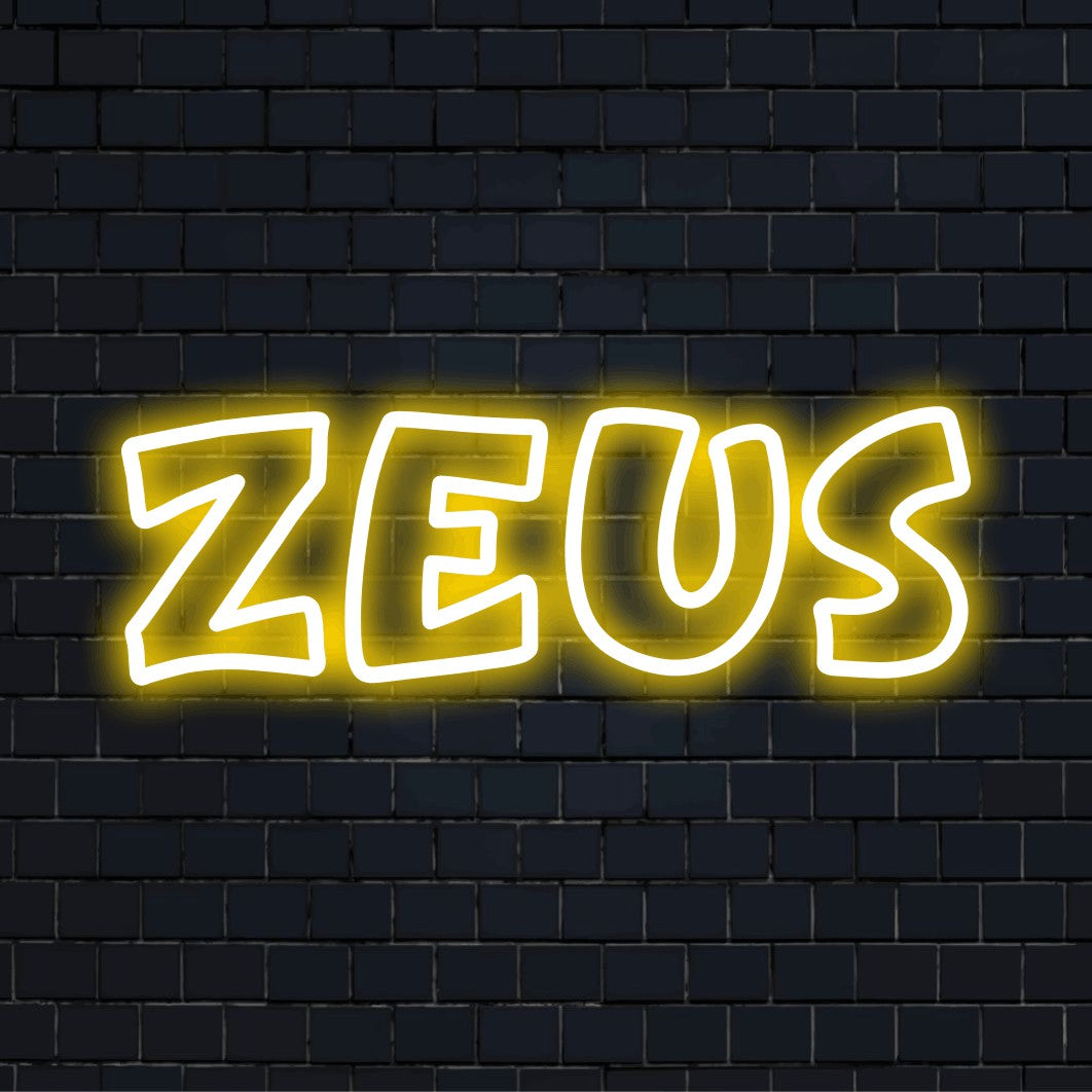 Zeus LED Neon Sign, glowing lettering on black brick background