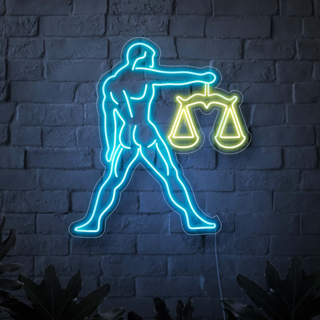 En fängslande neonskylt med symbolen för Vågen, föreställande en man som håller i vågen. Denna neonskylt med astrologitema lägger till en touch av mystik och elegans till alla utrymmen och avger ett levande och förtrollande ljus. Det representerar stjärntecknet Vågen, som symboliserar balans, harmoni och rättvisa.