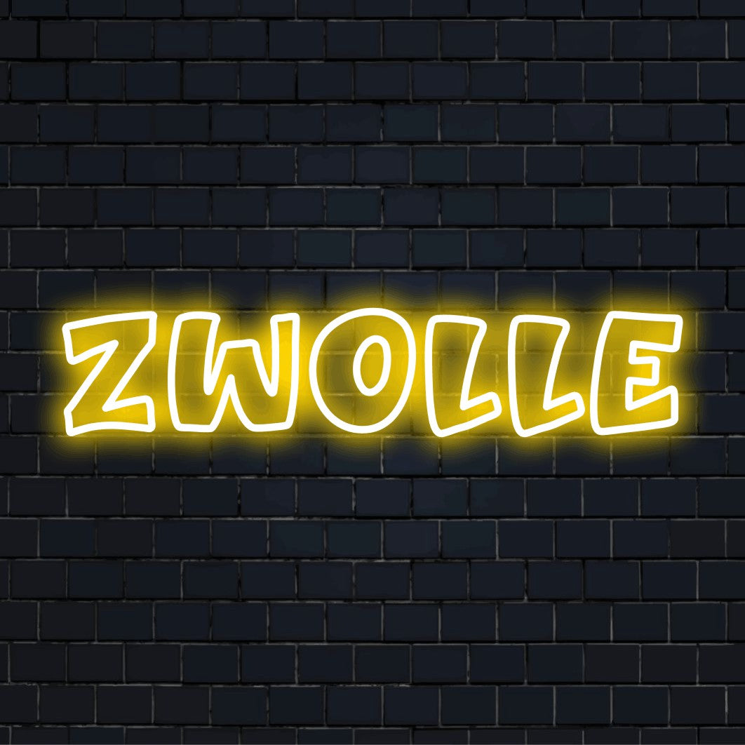 Zwolle LED Neon Sign, glowing wall decor on black brick background